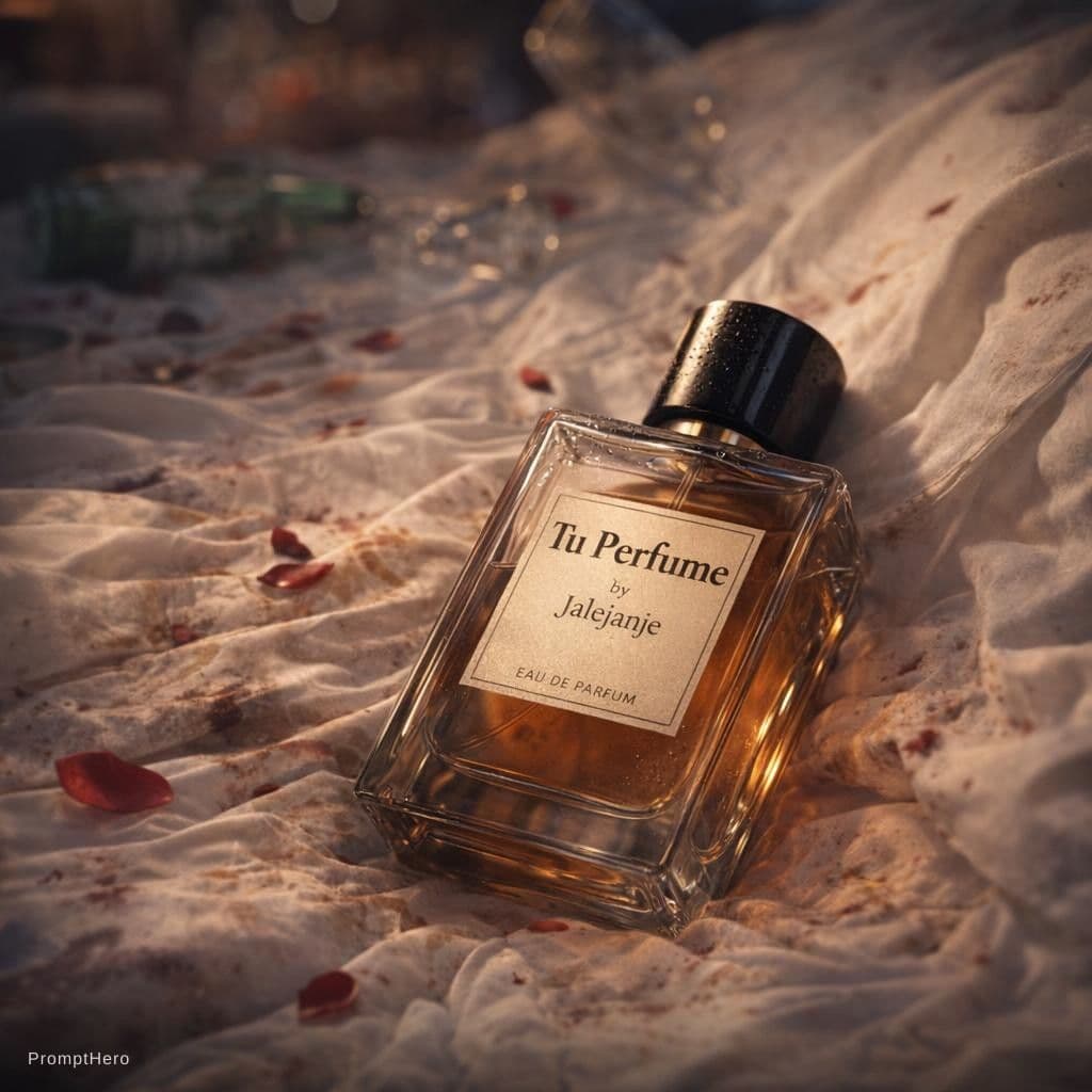 AI generated: Depressive sad perfume bottle, write "Tu Perfume" by Jalejanje eau de parfum, lying on bed hotel aft...