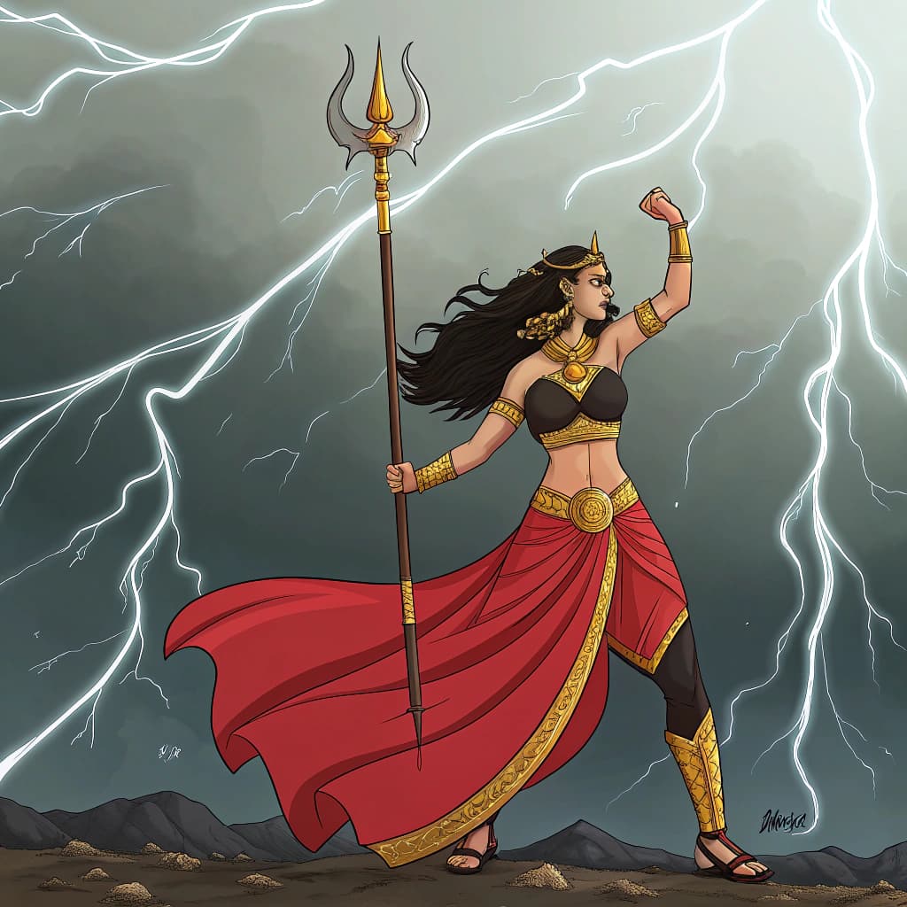 AI generated: Durga stands radiant in a flowing red sari wearing a stylish  black bra, paired with high-waisted he...