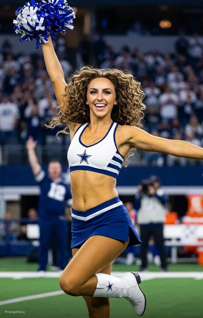 AI generated: Create a realistic view of a toned cheerleader wearing a Dallas Cowboys outfit. She is mid cheer and...