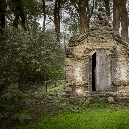 AI generated: full length professional photo, an old ruined church in an oak forest with ferns, with an old tree i...