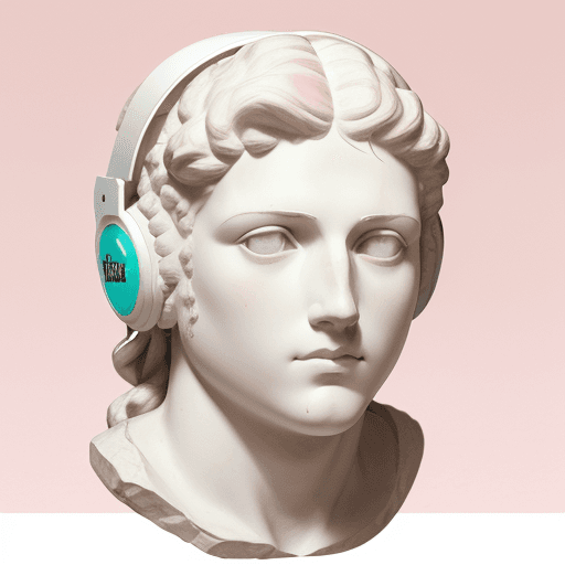 AI generated: Plaster head of David, white Marshall headphones,Heart shaped eyes， on Doric order, pink background ...