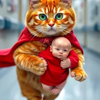 AI generated video: Cat holding baby and run in hospital corridor 