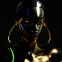 AI generated: black manikin lit with geometric neon dripping gold, forest in background, moody, dramatic, confiden...