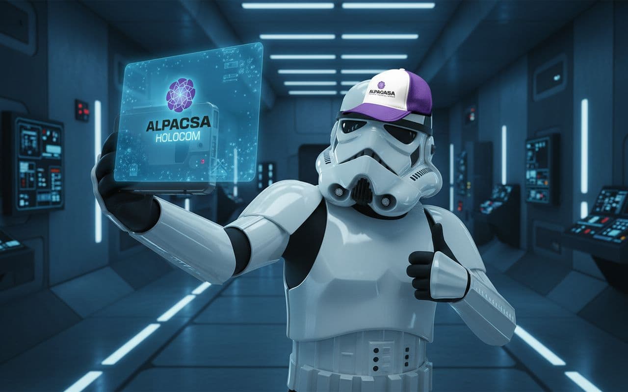 AI generated: Un Stormtrooper vistiendo la gorra adjunta, tomándose una selfie con un dispositivo holocom con el l...