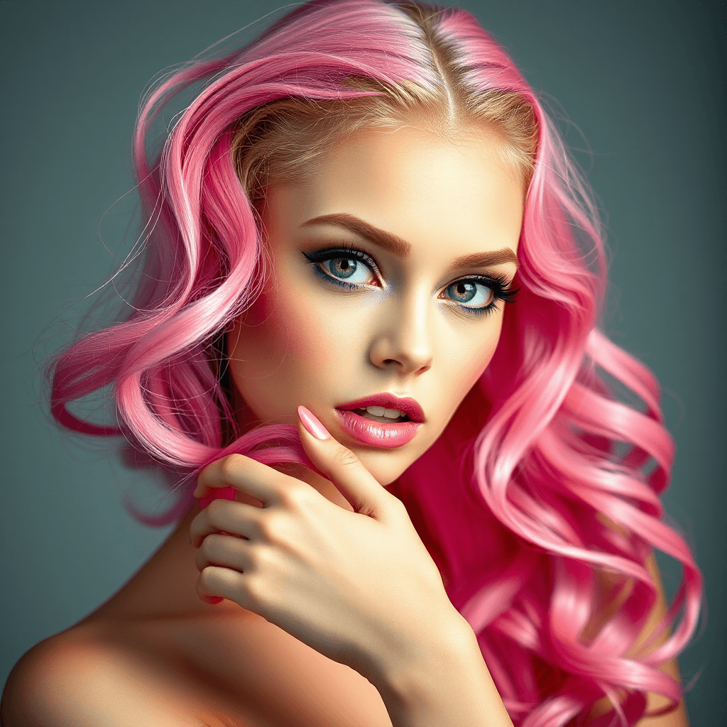 AI generated: "Girl with pink hair, green eyes, soft lighting, glamorous, sophisticated, studio photography", styl...