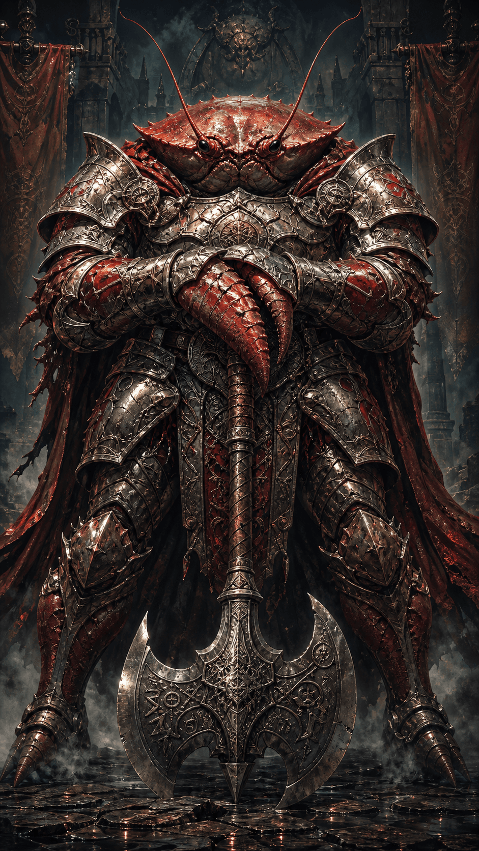 AI generated: A towering anthropomorphic crab warrior standing in a commanding heroic pose, centered in a vertical...