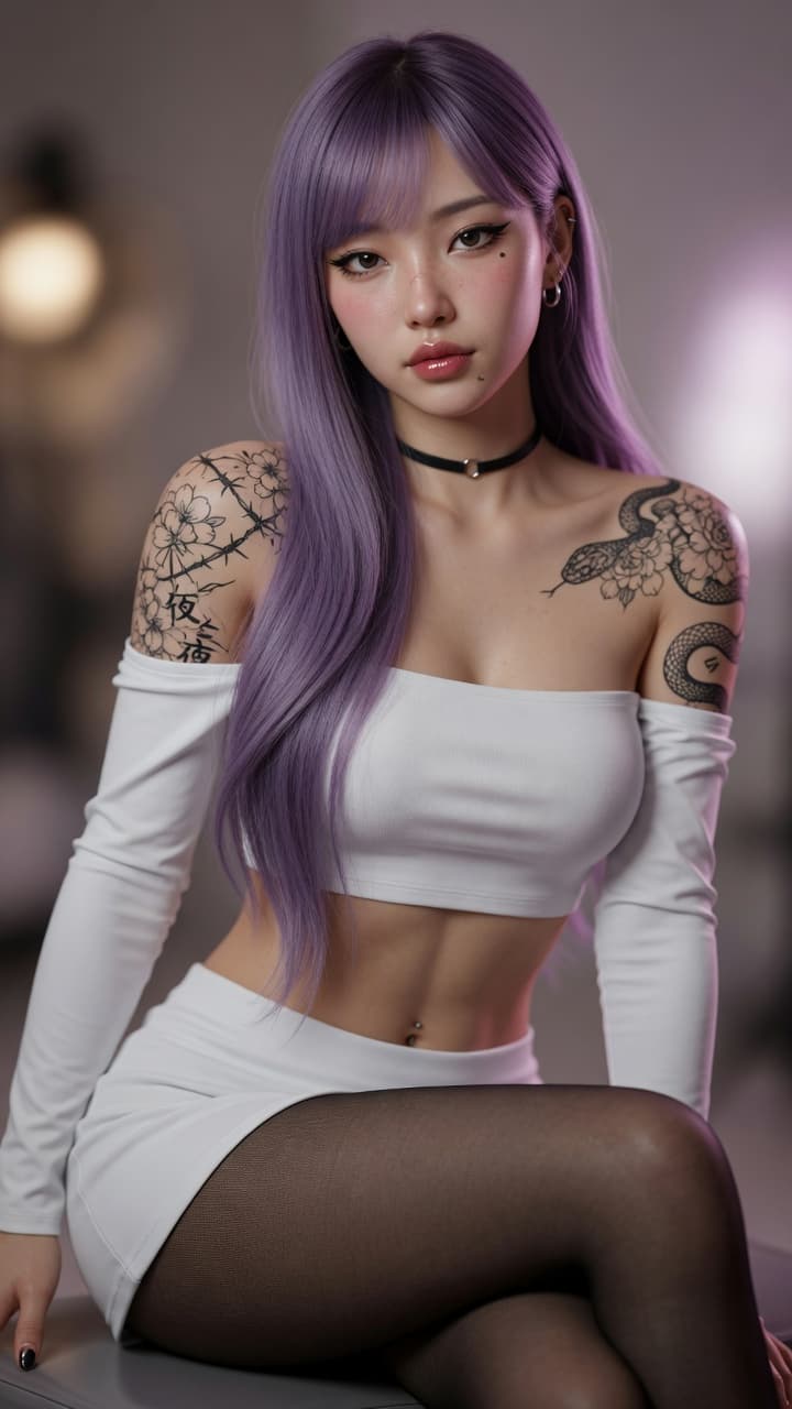 AI generated: Ultra-realistic portrait photograph of a stunning young East Asian woman with long, silky lavender-p...