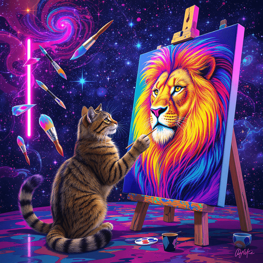 AI generated: Centered image of 400 pixels. A surreal scene of a striped cat painting a bright lion with rainbow f...