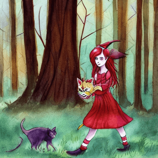 AI generated: Witch girl with red hair walks though the autumn forest next to a bicolor cat watercolor drowning pr...