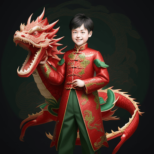 AI generated: a chinese boy is standing in front of a lunar new year dragon, in the style of digital painting, int...