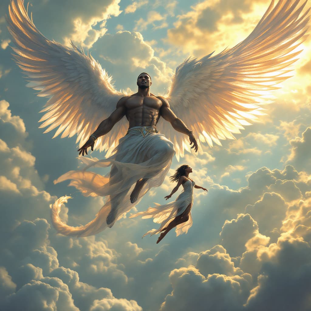 AI generated: A breathtaking scene in the sky with the Black African hero and his elven black  wife flying side by...