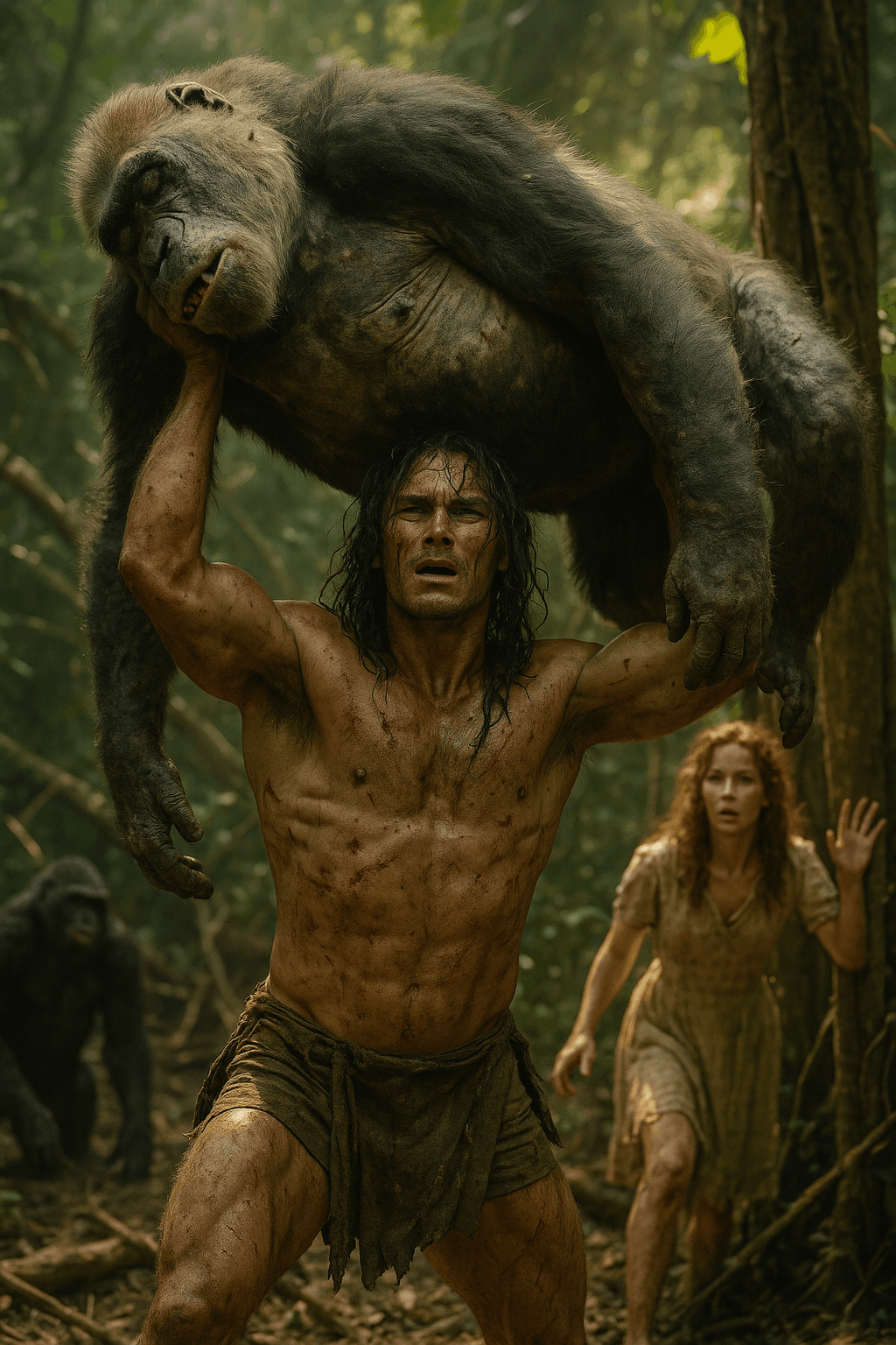 AI generated: Photorealistic 8K jungle scene, candid and documentary-style. Tarzan, muscular, scarred, and weary, ...