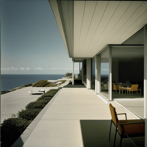 AI generated: Hyper realistic eye level exterior photo of a mid century modern style house overlooking the ocean, ...