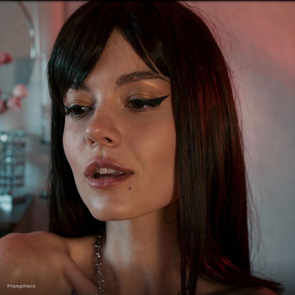 AI generated: Tight closeup of a bleach dark brunet haired woman.
