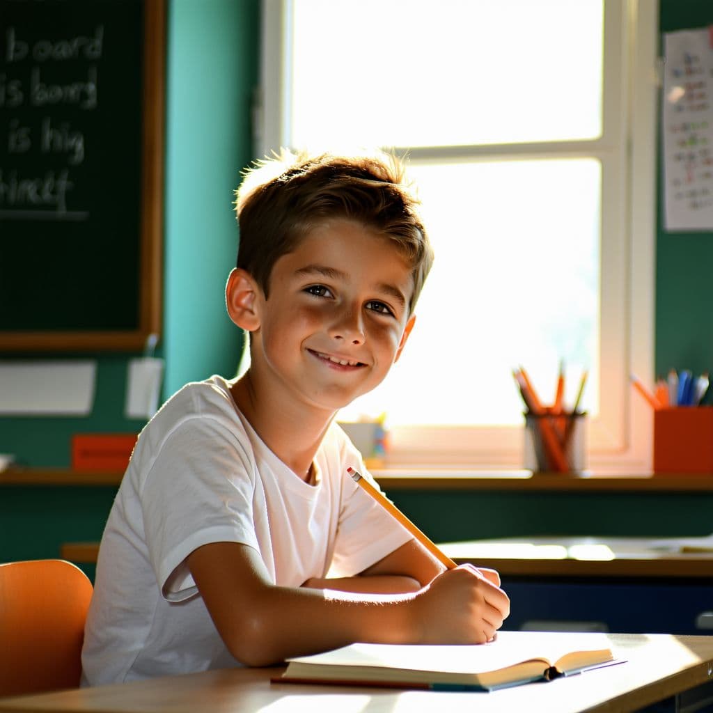 AI generated: "1 boy, solo, sitting in a school room, half body  style, lookig straight forward, determined yet sm...