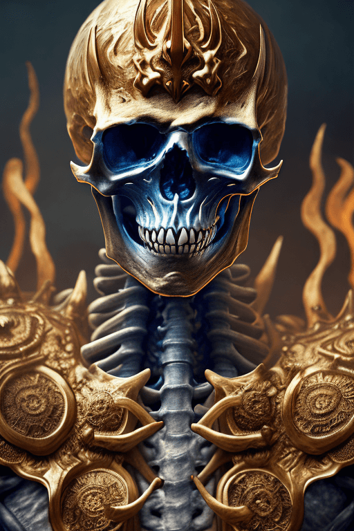 AI generated: Skeleton King of Hell :: Flaming Skull, Intricately Designed Nordic Armor, Photograph Taken on Nikon...