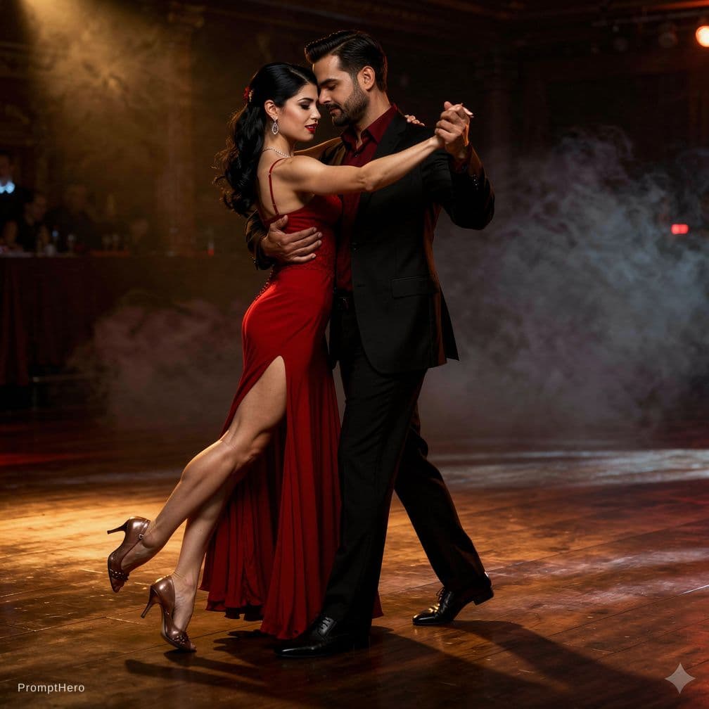 AI generated: A passionate Argentine tango couple in a dramatic dance position. The man wears a sharp black suit w...