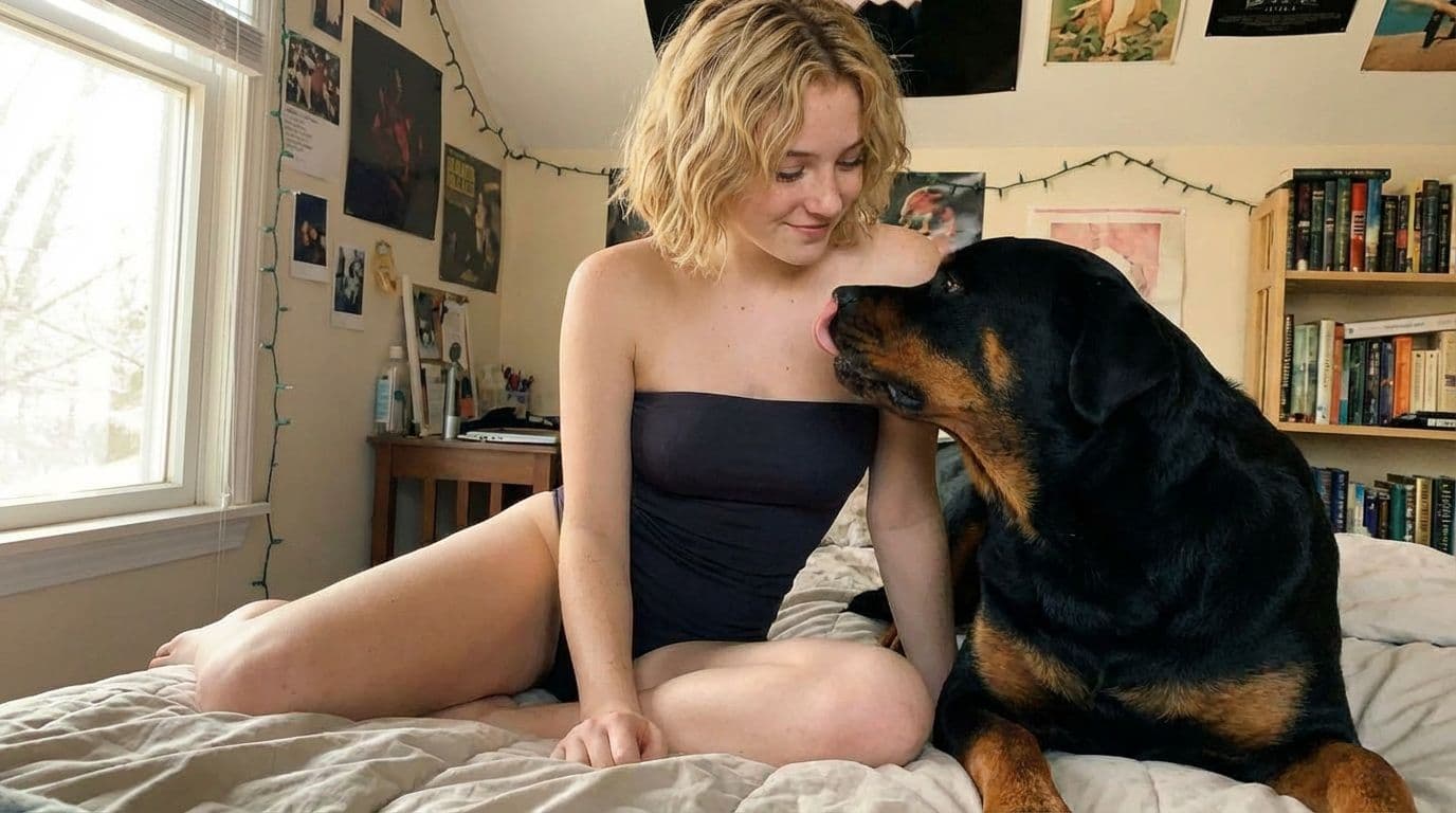 AI generated: girl show sit, the dog licks girl's chest
