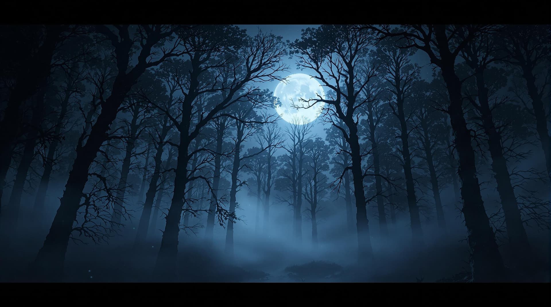 AI generated: (Cinematic UHD, volumetric lighting, eerie nighttime glow, dense fog rolling through a dark forest, ...