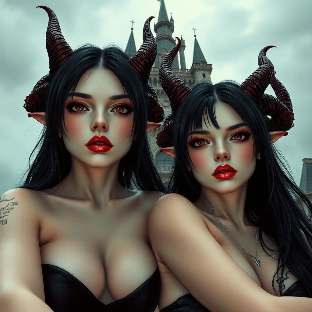 AI generated: Comic book cover, full body shot, bottom view, low angle of two young beautiful gorgeous supermodel ...