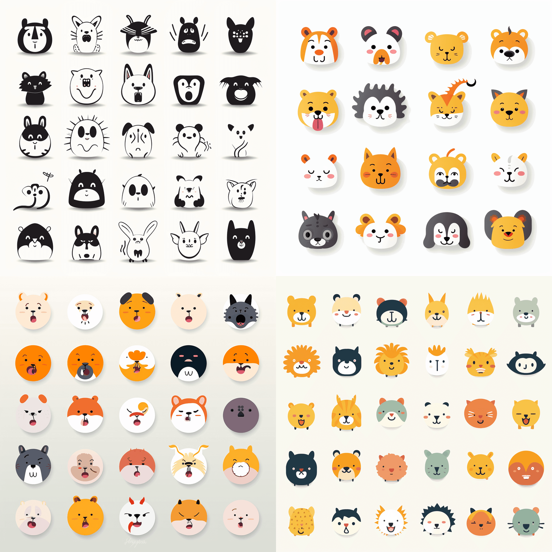 AI generated: Icons, set of icons, animal world, animals, various poses and movements, various emotions. Joy, Ange...