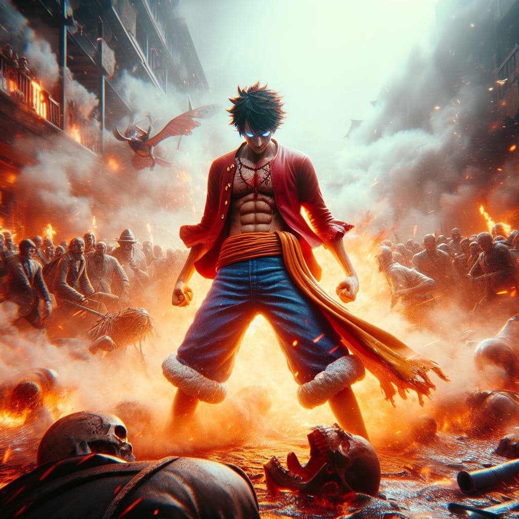 AI generated: Hyper realistic one piece character design, luffy, mist, photorealistic, octane render, unreal engin...