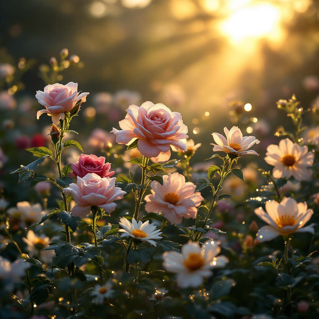 AI generated: A hyper-realistic early morning scene in a blooming garden just before sunrise. Dew-covered flowers ...