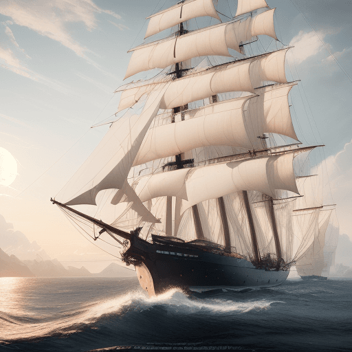 AI generated: Photo of a ultra modern sailing ship, dramatic light, pale sunrise, cinematic lighting, chrome sails...
