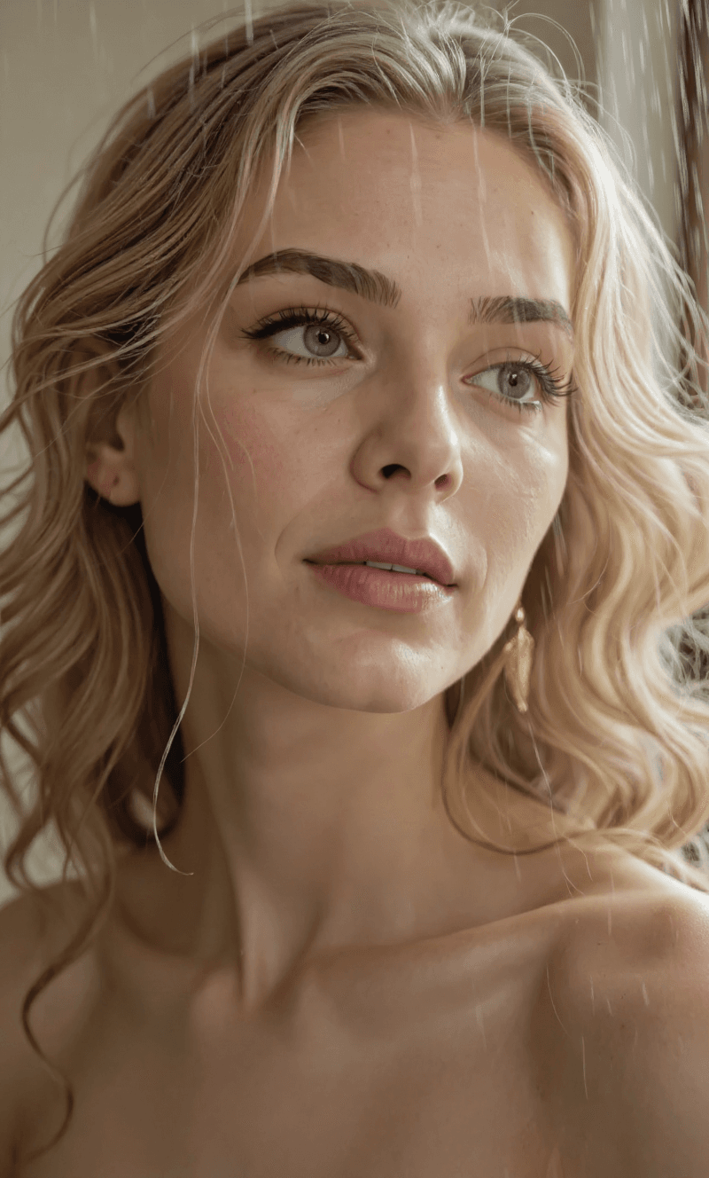 AI generated: It is raining the photo is realistic macro shot of the uploaded woman's face with shallow depth. Cam...
