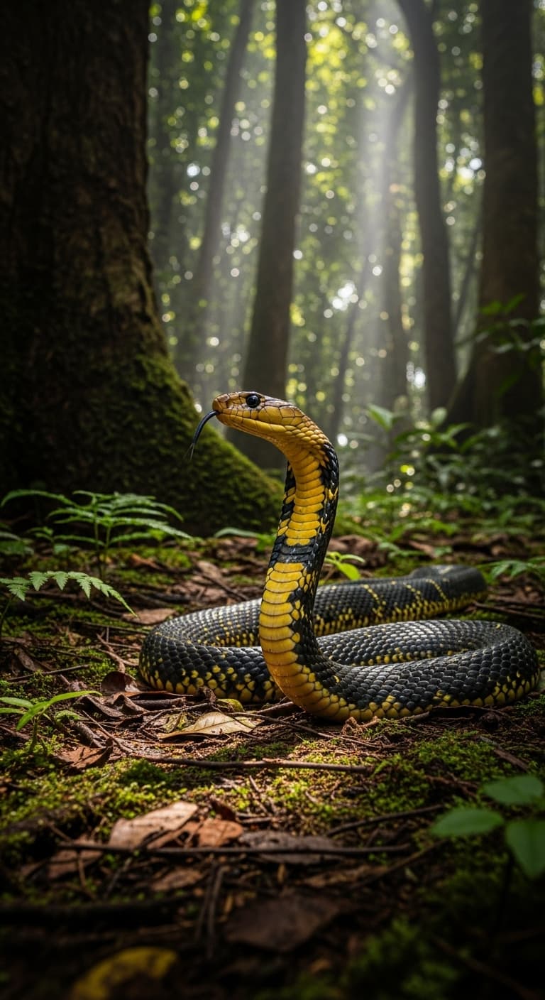 AI generated: a beautiful cobra snake in a dense forest looking for food