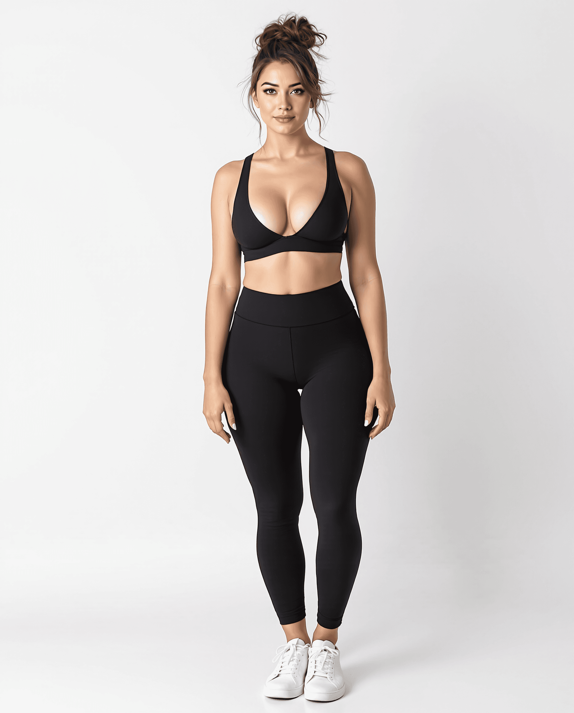 AI generated: A hyper-realistic, ultra-detailed full-body image of a stunning brunette woman standing at 175 cm (5...