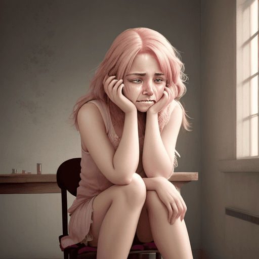 AI generated: Beautiful and attractive girl crying, with teary eyes, with pink hair, soft skin, sitting on a chair...