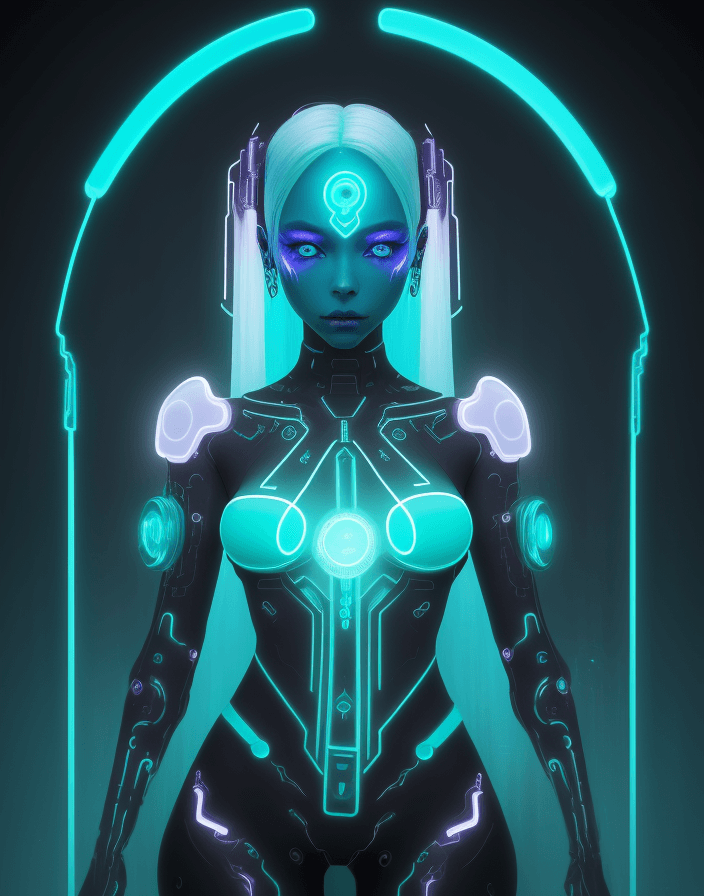 AI generated: an image of an eerie woman with glowing neon skin, in the style of technological marvels, light indi...