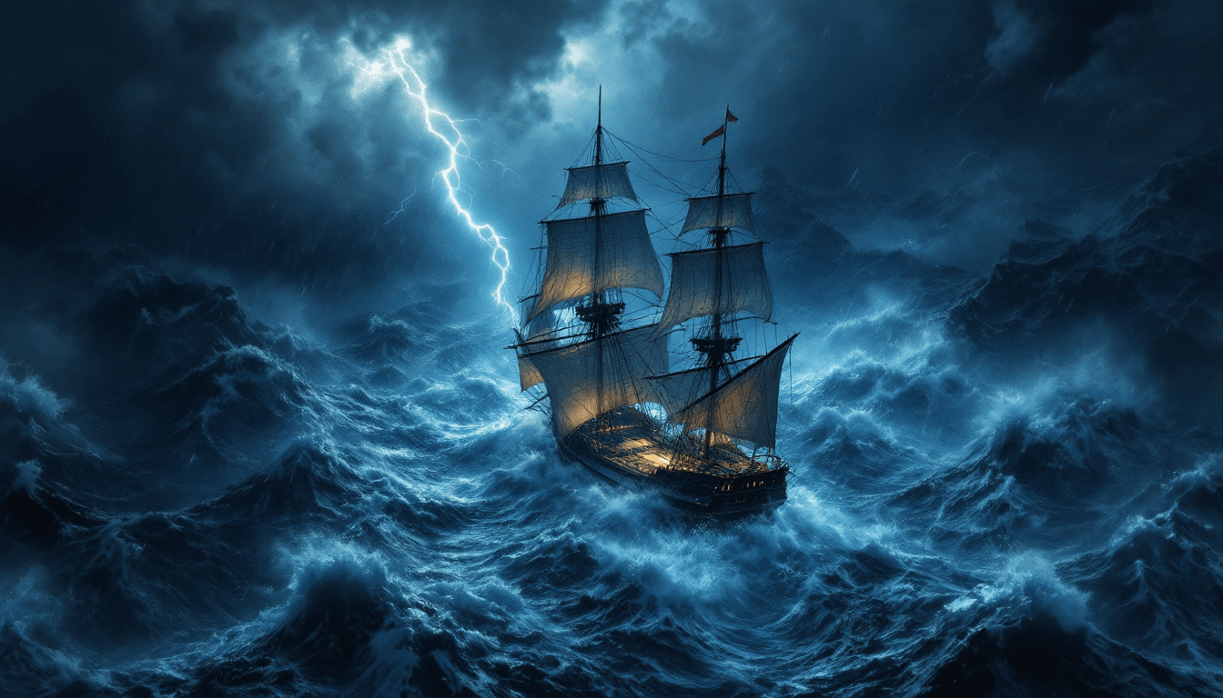 AI generated: An extreme bird's eye view Photo from above of a ultra realistic sailing ship, in the early 1800's, ...