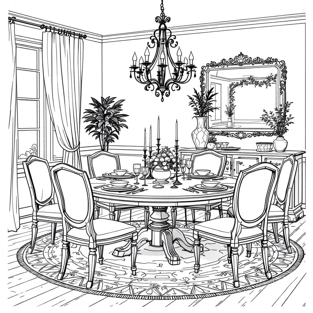 AI generated: Create a high-resolution black-and-white line drawing of a dining room with a round table. Include d...