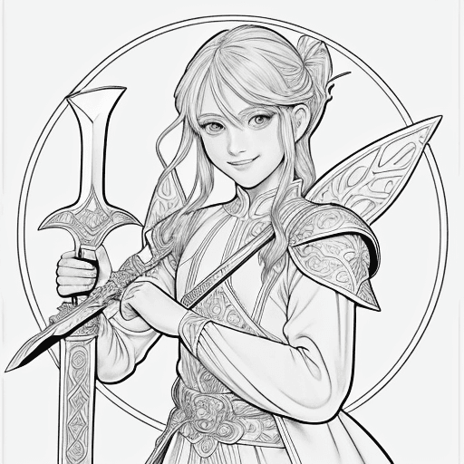 AI generated: Fairy coloring page, a swordsman, holding a sword and shield, with beautiful eyes, sweet smile, in t...
