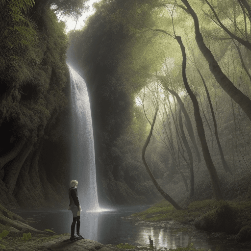 AI generated: personaje de BTS en medio del bosque con arboles y una cascada