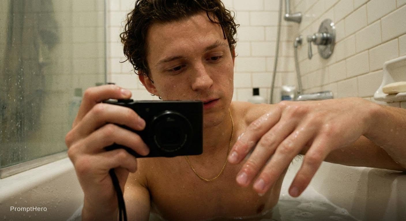 AI generated: Tom Holland,qui se filme, (en train de se laver,il tient la caméra ver le bas,)il montre ses doigts,...
