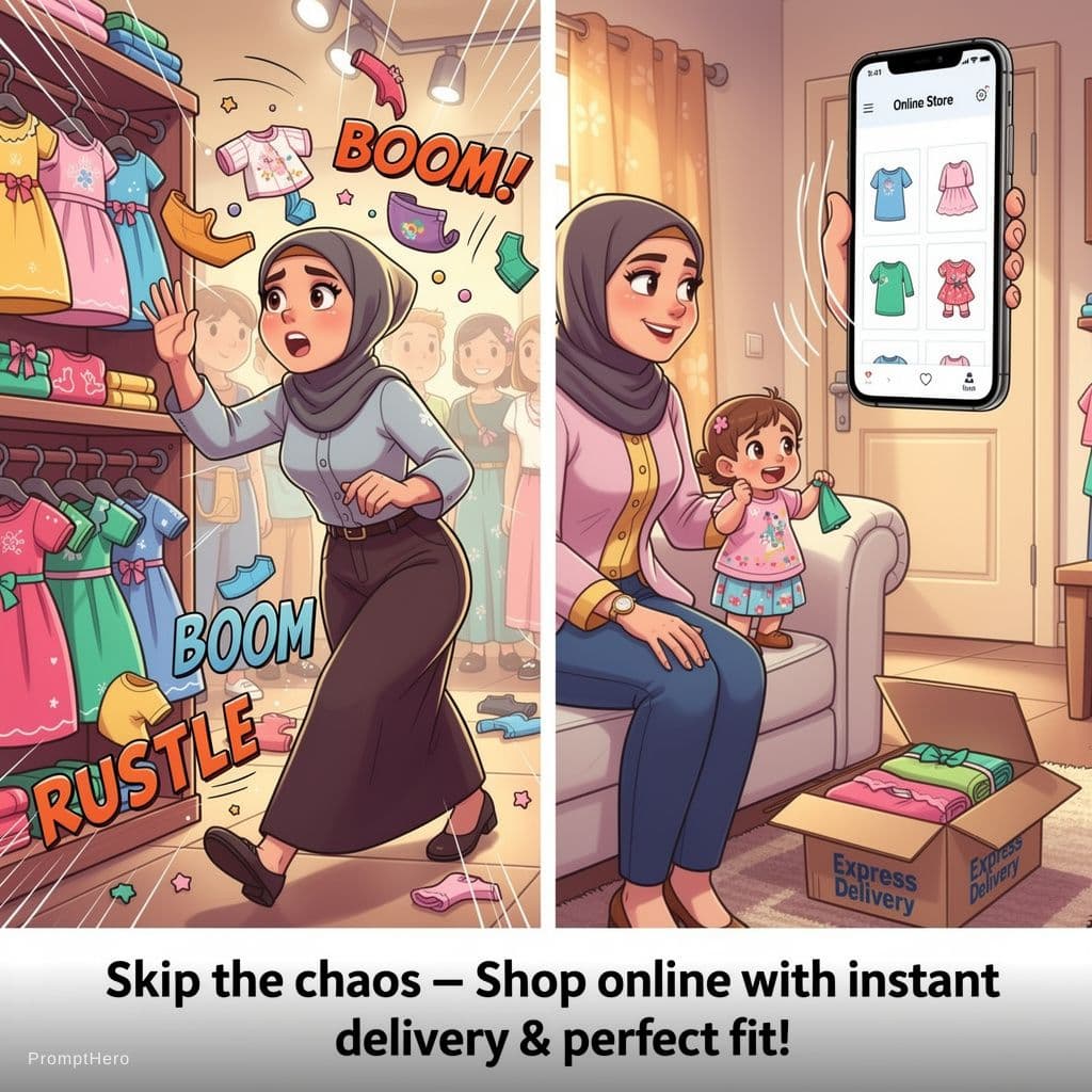 AI generated: "Create a fast-paced, humorous cartoon reel featuring a confident hijab-wearing woman shopping for w...