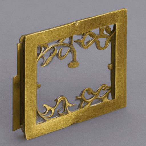 AI generated: Hinge opening, brass, plaque, hobbit style, square timber border, orchard pattern

