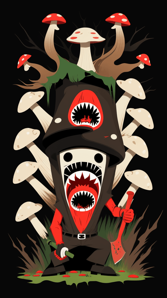 AI generated: vector horror art on the diverse background, a screaming crazy anthropomorphic evil mushroom with a ...