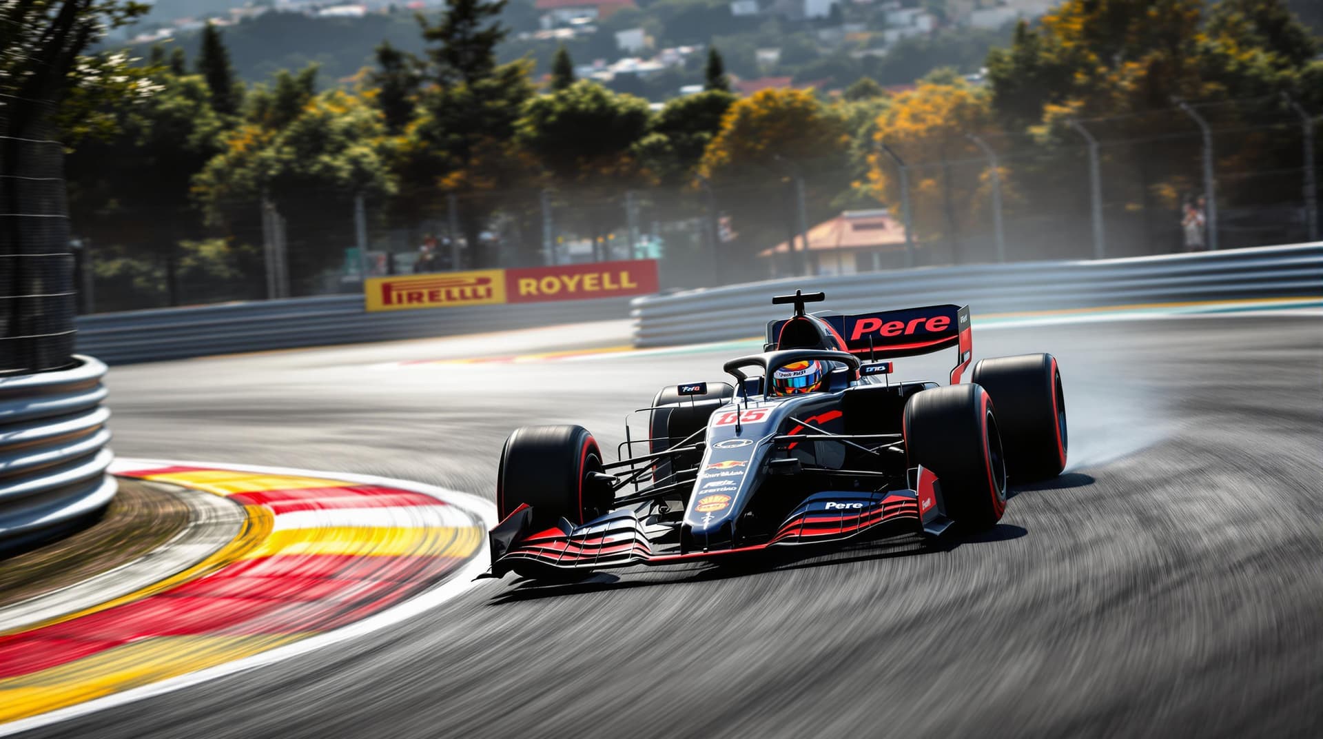 AI generated: a black and red formula 1 car racing at high speed on a circuit in Mont Melo with the name of the "P...