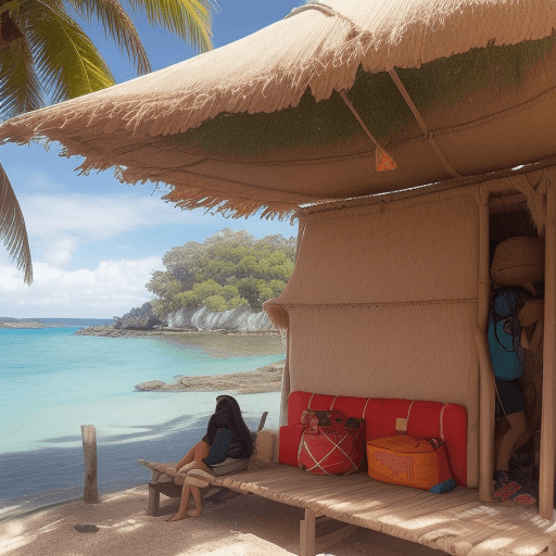 AI generated: unos jóvenes en una isla desierta afilando palos para hacer una cabaña y con mochilas con toda su vi...