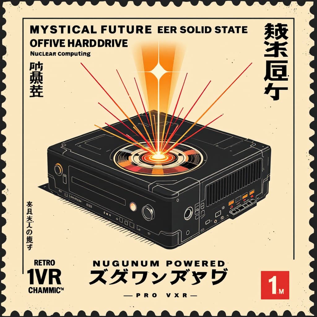 AI generated: stamp style, retro VCR player for mystical future laser solid state hard drive hardware, quantum com...