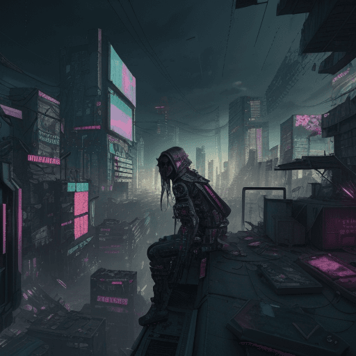 AI generated: someone takes drugs on a roof and in the background is a destroyed cyberpunk world, 