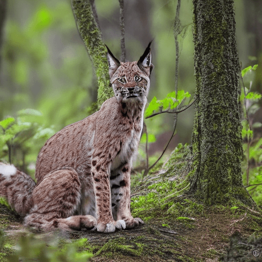 AI generated: lynx stalking its prey, front view, front facing, stealthy, forest background, dof, award winning wi...