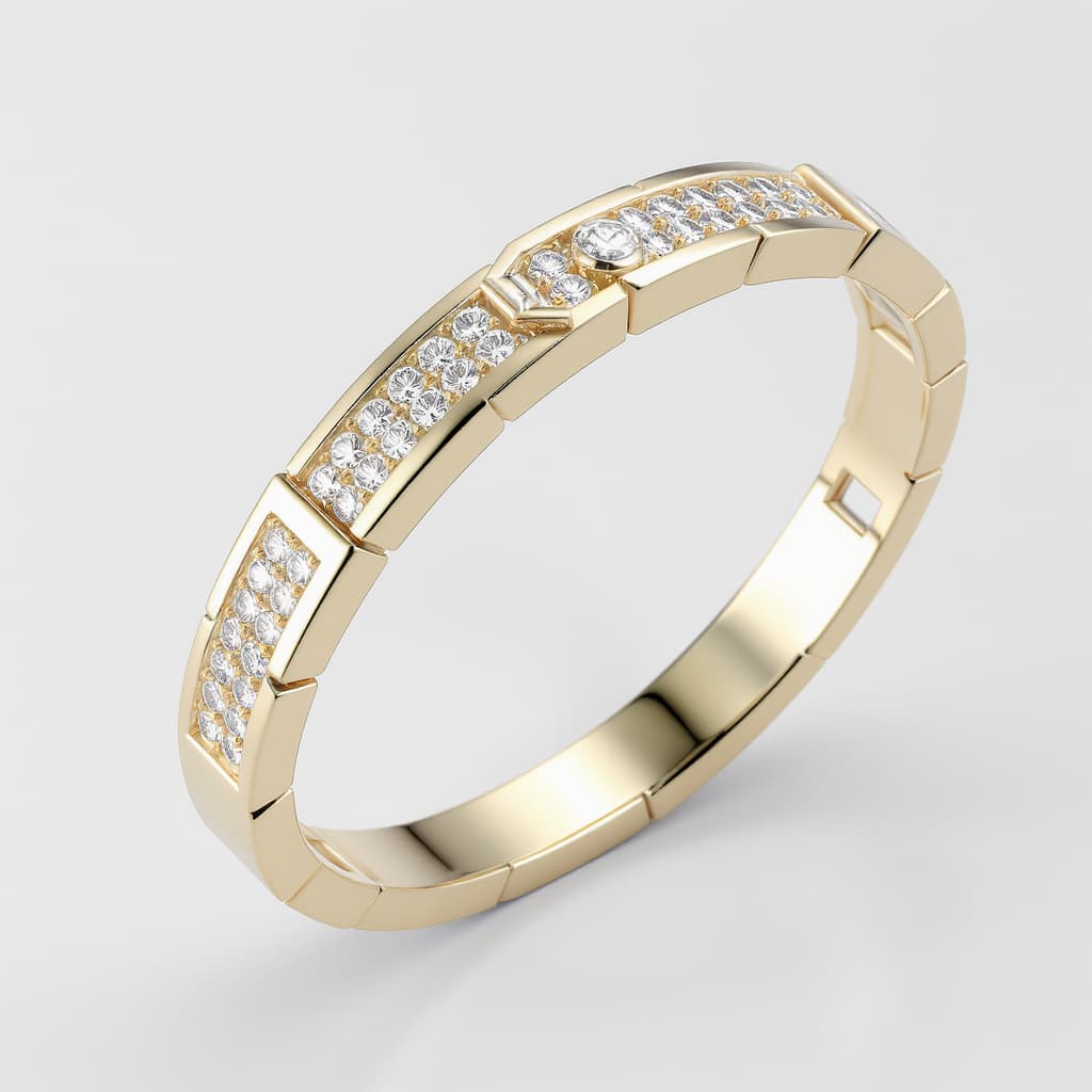 AI generated: Luxury contemporary fine jewelry open bangle bracelet design featuring a flexible segmented structur...