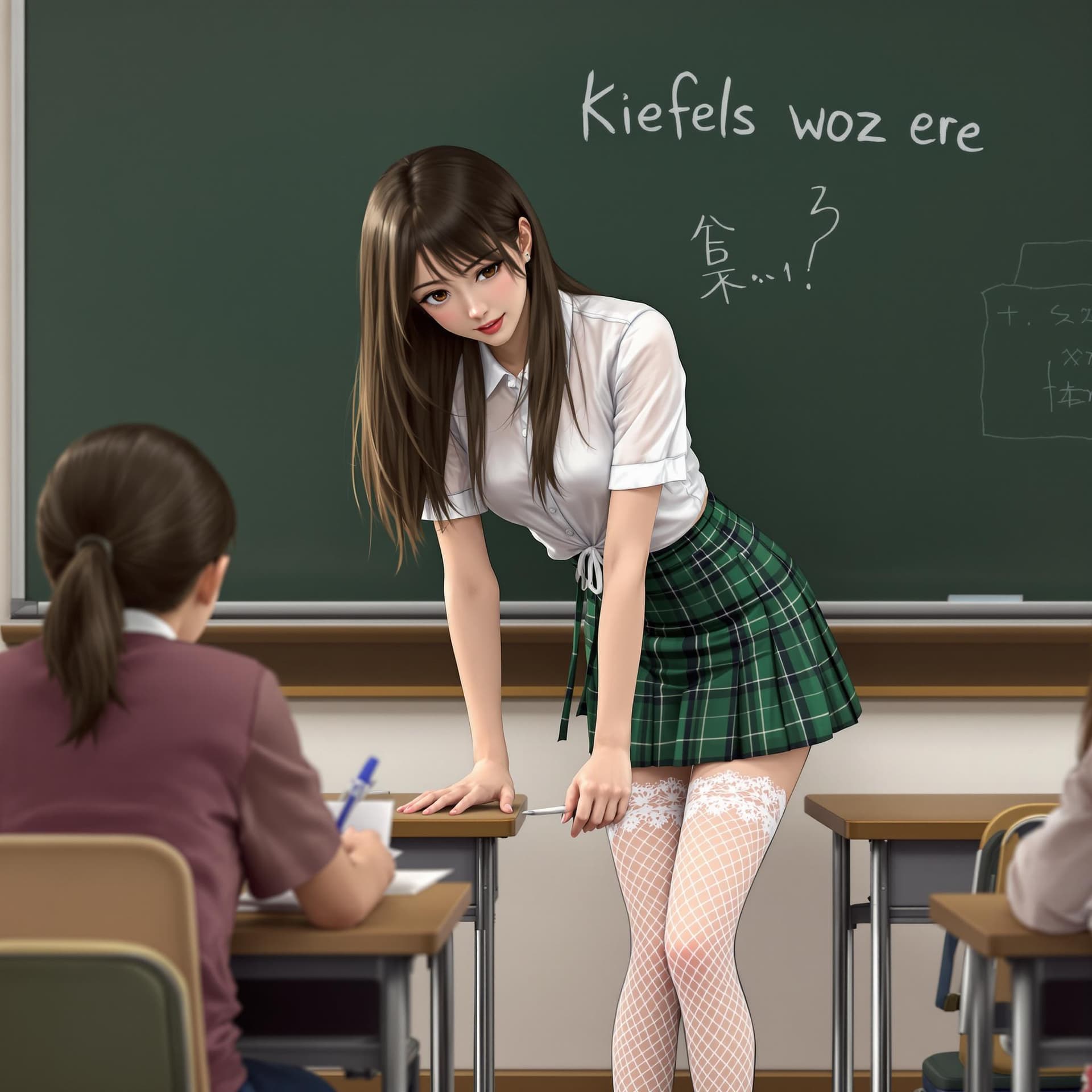 AI generated: Young anime woman, slim and toned, wearing a sheer white short sleeved form fitting blouse that is t...