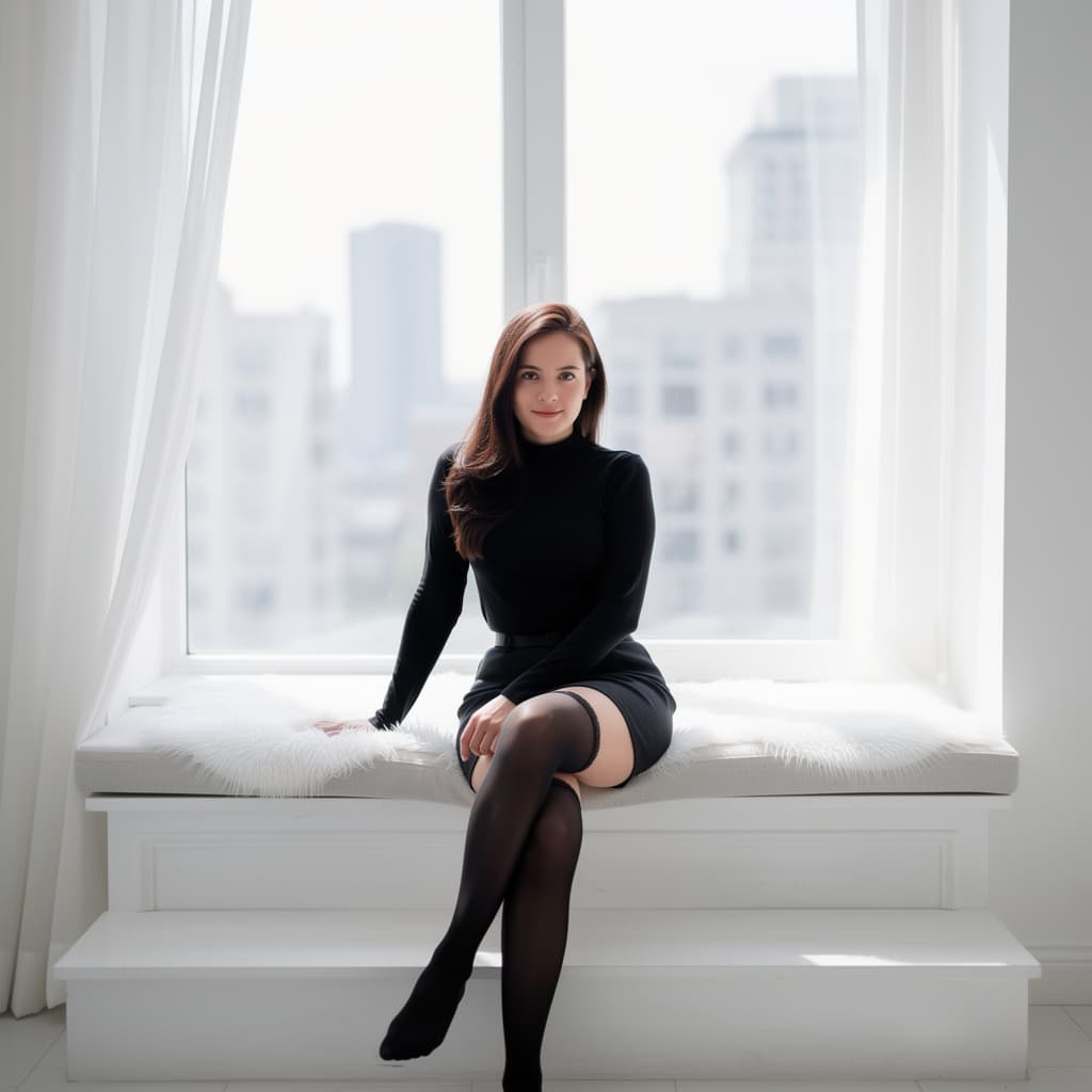 AI generated: A photorealistic gravure-style full-body portrait of a beautiful young Asian woman sitting by a larg...