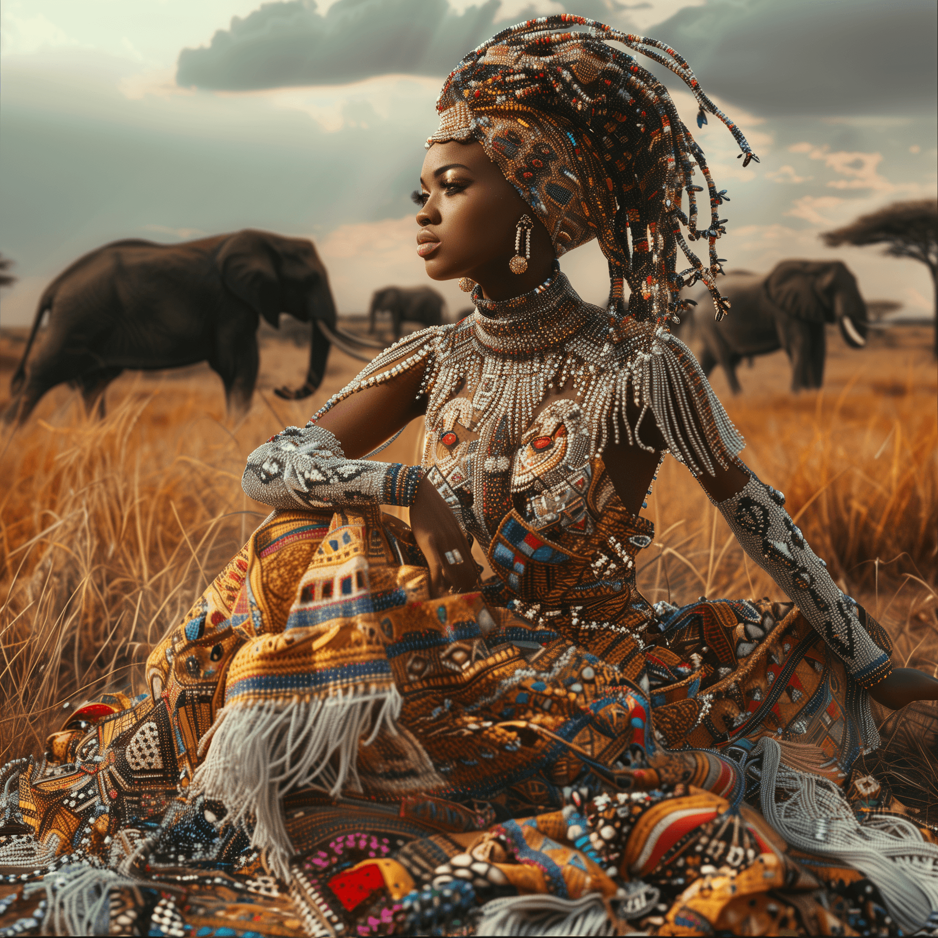 AI generated: A beautiful African woman wearing an intricate beaded outfit, sitting on the ground with her legs cr...